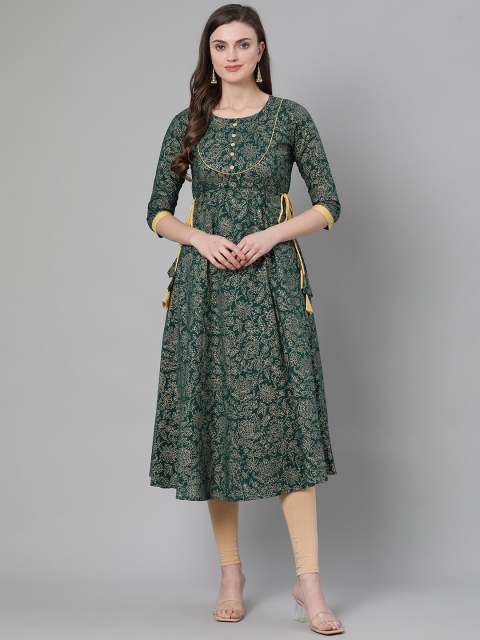

mokshi Women Green & Golden Ethnic Motifs Foil Print Pure Cotton A-Line Kurta