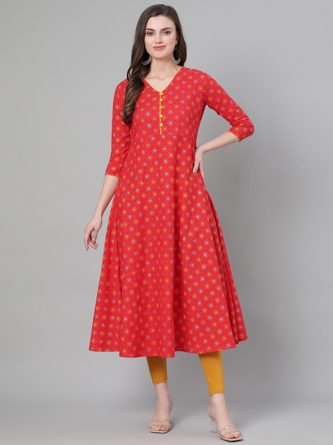 

mokshi Women Red & Mustard Yellow Pure Cotton Floral Printed A-Line Kurta