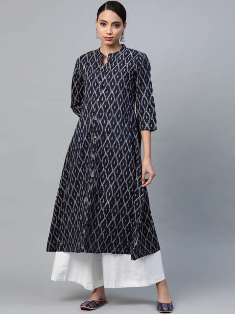 

mokshi Women Navy Blue & White Geometric Print Pure Cotton A-Line Kurta