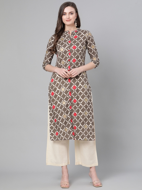 

mokshi Women Brown & White Printed Pure Cotton Straight Kurta