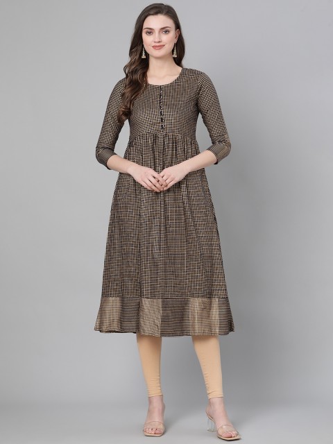 

mokshi Women Navy Blue & Golden Checked Foil Print A-Line Kurta
