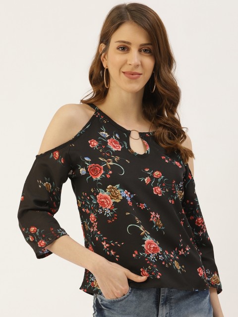 

U&F Women Black & Red Floral Printed Cold-Shoulder Top