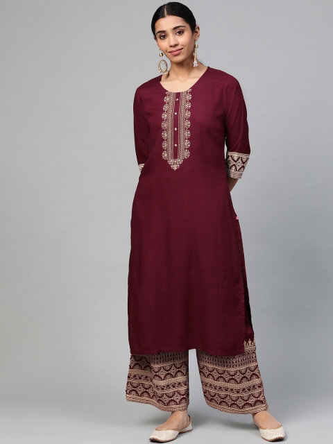 

Shree Women Burgundy & Golden Yoke Design Kurta with Palazzos