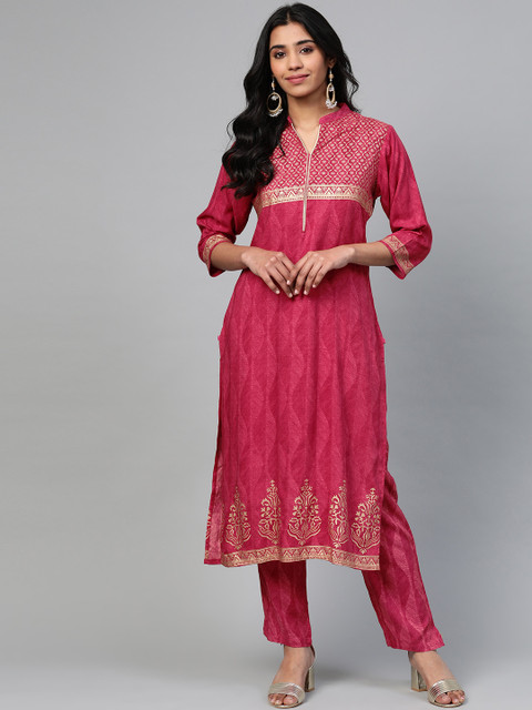 

Shree Women Pink & Golden Printed Kurta with Trousers