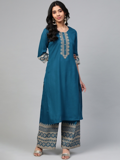 

Shree Women Teal Blue & Golden Yoke Design Kurta with Palazzos