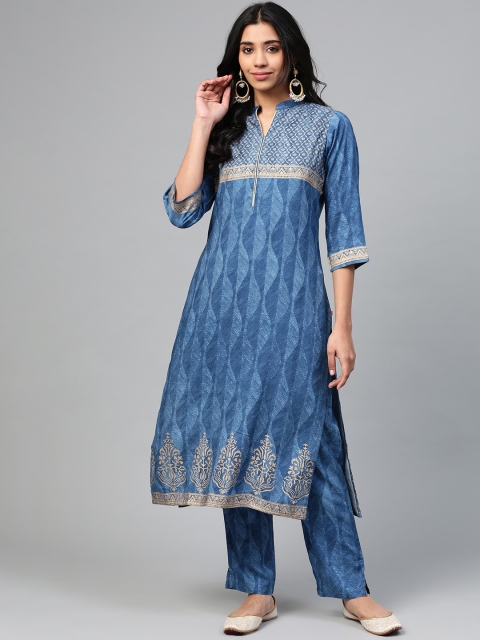 

Shree Women Blue & Golden Printed Kurta with Trousers