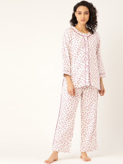 

COTCLO Women White & Purple Cotton Fleece Floral Printed Night suit