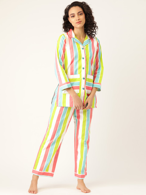 

COTCLO Women Multicoloured Pure Cotton Candy Striped Nightsuit, Multi