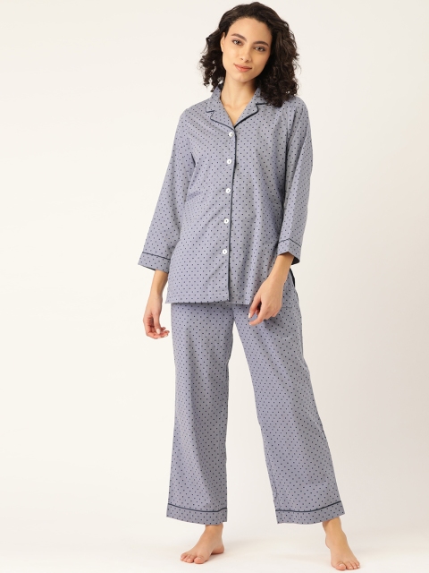 

COTCLO Women Blue Polka Dots Printed Pure Cotton Night suit