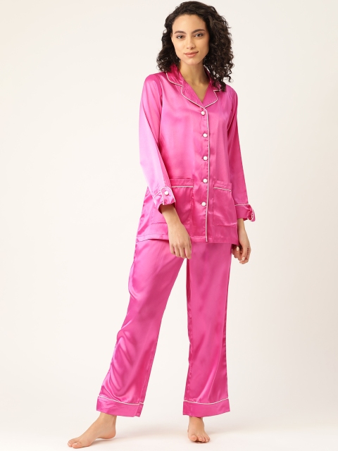 

COTCLO Women Pink Solid Satin Night suit