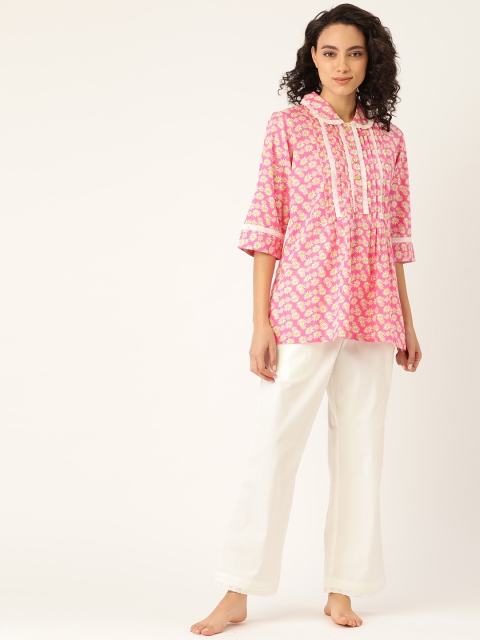 

COTCLO Women Pink & White Floral Printed Pure Cotton Night suit