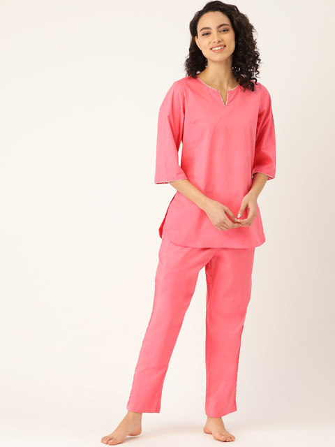 

COTCLO Women Pink Solid Pure Cotton Night suit