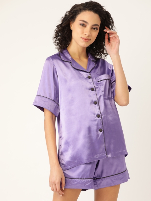 

COTCLO Women Purple Satin Solid Nightsuit