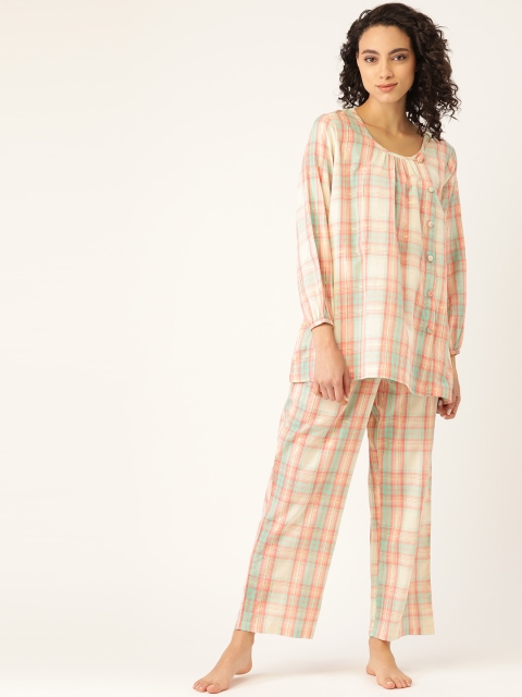 

COTCLO Women Off-White & Peach-Coloured Pure Cotton Checked Nightsuit