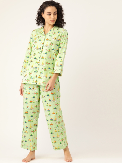 

COTCLO Women Green & Blue Pure Cotton Printed Nightsuit