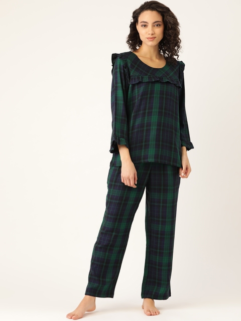 

COTCLO Women Navy Blue & Green Checked Pure Cotton Night suit