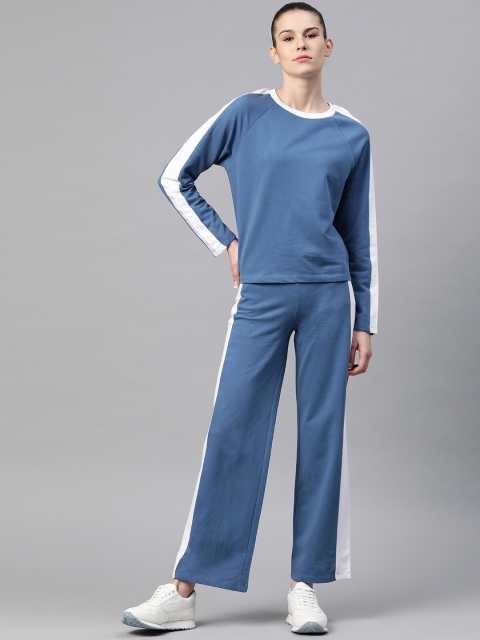 

VividArtsy Women Blue Pure Cotton Solid Side Paneled Tracksuit