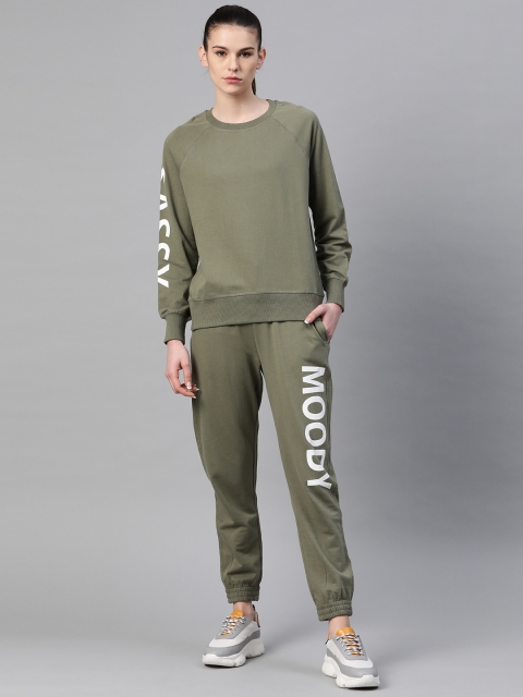 

VividArtsy Women Olive Green Pure Cotton Solid Printed Detail Tracksuit