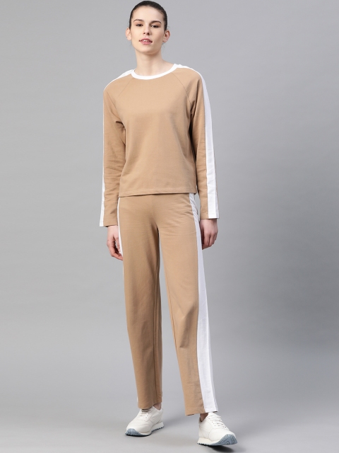 

VividArtsy Women Beige Pure Cotton Solid Side Paneled Tracksuit
