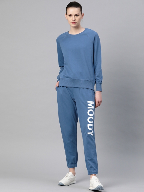 

VividArtsy Women Blue Pure Cotton Solid Printed Detail Tracksuit