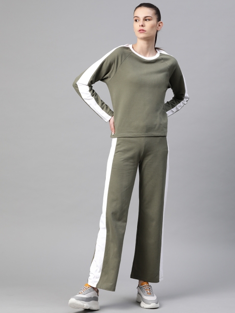 

VividArtsy Women Olive Green Pure Cotton Solid Side Paneled Tracksuit