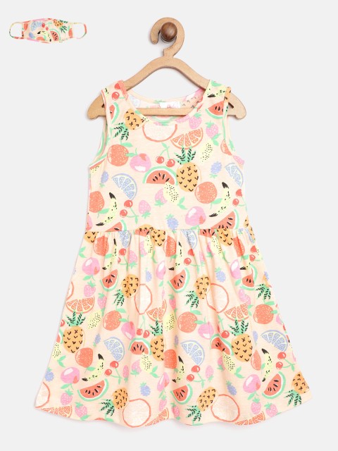 

pspeaches Girls Peach-Coloured Orange Fruit Print Pure Cotton A-Line Dress