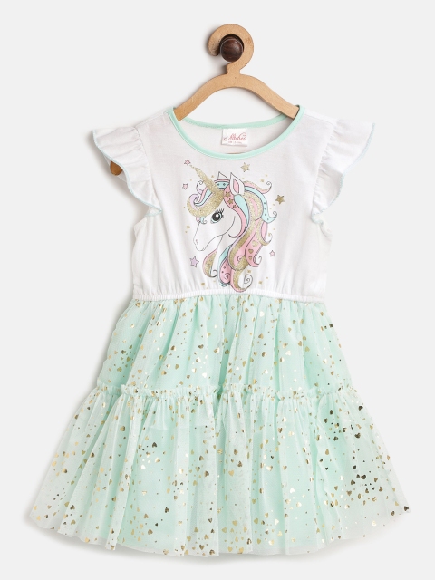 

pspeaches Girls White & Mint Green Unicorn & Hearts Print Fit and Flare Dress