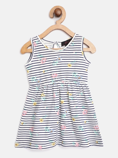 

pspeaches Infant Girls White & Blue Striped Cotton A-Line Dress with Floral Print Detail