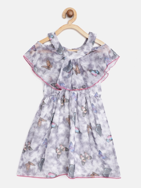 

pspeaches Girls Purple & White Abstract & Butterfly Print A-Line Dress with Layered Detail