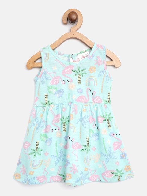 

pspeaches Infant Girls Blue & Pink Flamingo & Tropical Print Cotton A-Line Dress
