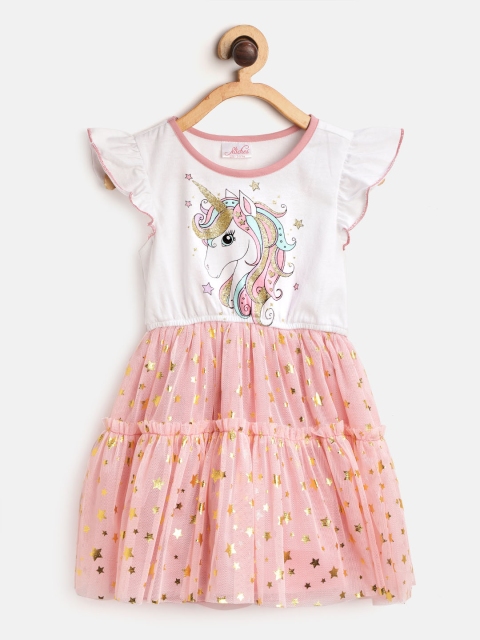 

pspeaches Girls White & Peach-Coloured Unicorn & Star Print Fit and Flare Dress