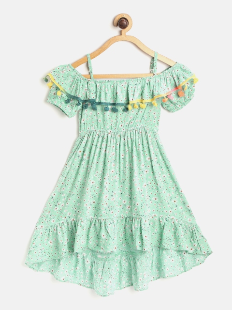 

pspeaches Girls Mint Green & White Floral Print Empire Dress