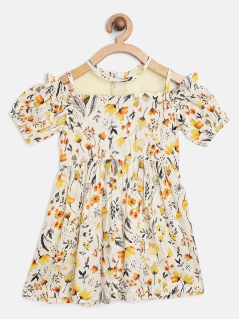 

pspeaches Girls Cream-Coloured & Yellow Floral Print A-Line Dress with Gathered Detail