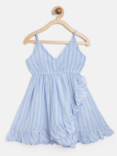 

pspeaches Girls Blue & White Striped Cotton Wrap Dress with Ruffled Detail