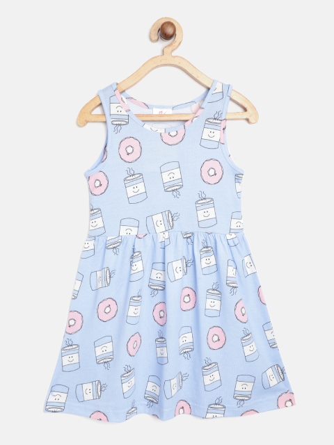 

pspeaches Girls Blue & White Doughnut Print Cotton A-Line Dress