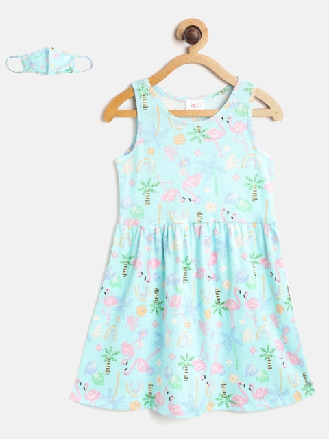 

pspeaches Girls Blue & Pink Flamingo Print Pure Cotton A-Line Dress