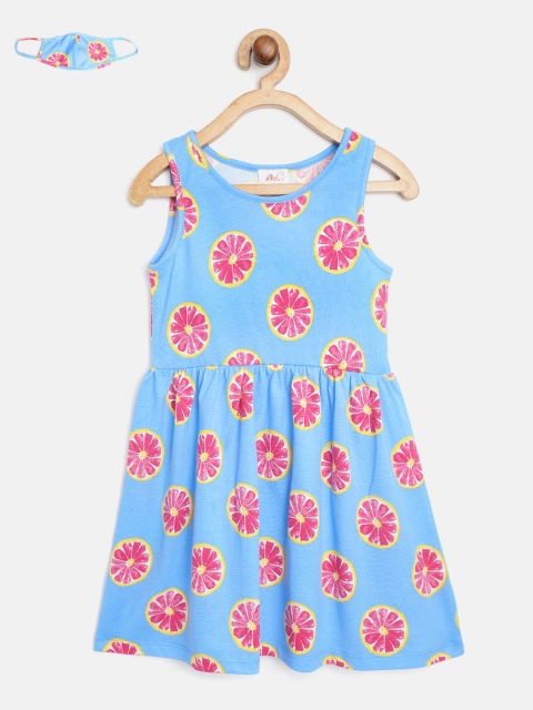 

pspeaches Girls Blue Pink Lemon Print Cotton A-Line Dress