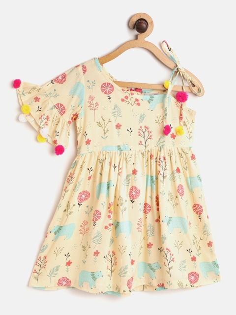 

pspeaches Girls Cream-Coloured & Blue Floral & Bear Print A-Line Dress