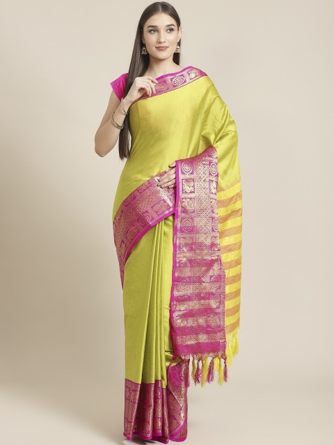 

Mitera Lime Green & Pink Pure Silk Solid Banarasi Saree