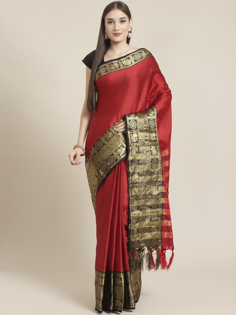 

Mitera Red & Golden Solid Kanjeevaram Saree