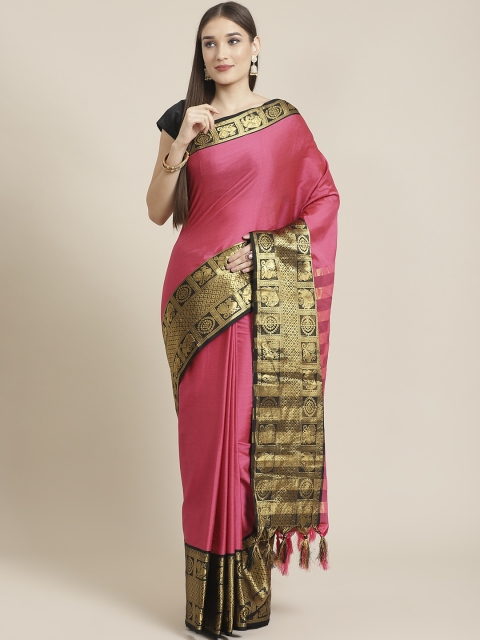 

Mitera Pink & Golden Solid Kanjeevaram Saree