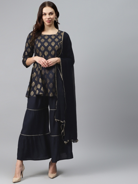 

clorals Women Navy Blue & Golden Printed Kurti with Sharara & Dupatta