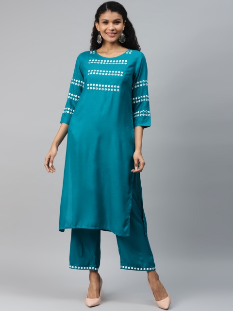 

clorals Women Teal Blue & Off-White Yoke Design Mirror Work Liva Kurta with Palazzos