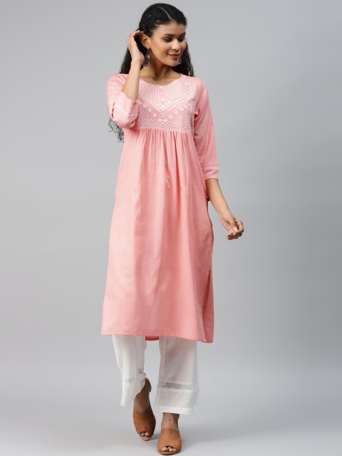 

clorals Women Pink & White Yoke Design Mirror Work Kurta with Palazzos