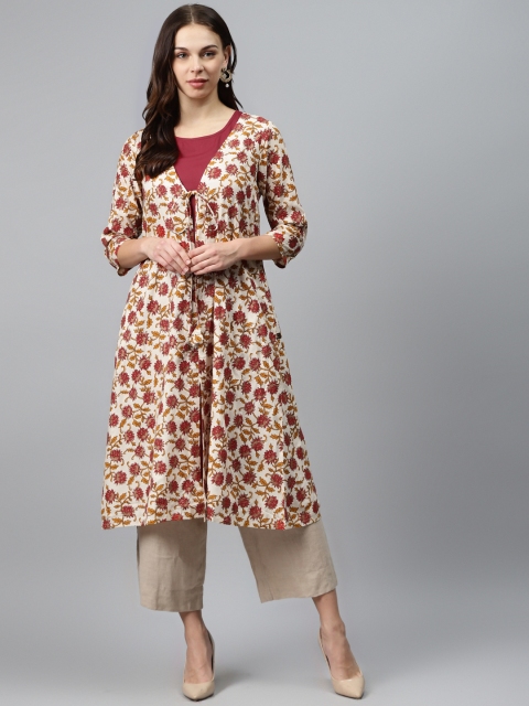 

clorals Women Off-White & Maroon Printed A-Line Kurta with Ethnic Layer