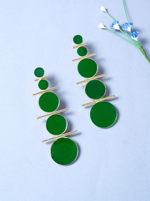 

Golden Peacock Green & Gold-Toned Handcrafted Enamelled Circular Drop Earrings