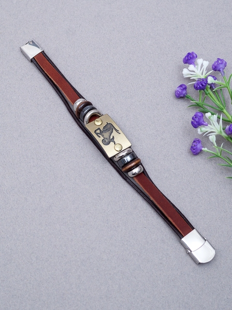 

Golden Peacock Unisex Brown & Antique Gold-Toned Capricorn Handmade Leather Bracelet