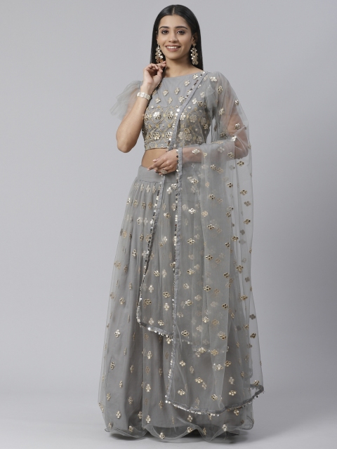 

SHOPGARB Grey & Golden Embroidered Semi-Stitched Lehenga & Unstitched Blouse with Dupatta