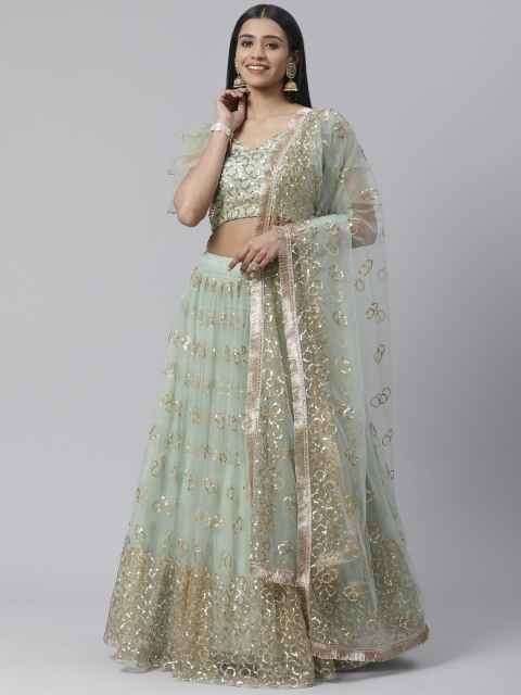 

SHOPGARB Sea Green & Golden Embellished Semi-Stitched Lehenga & Unstitched Blouse