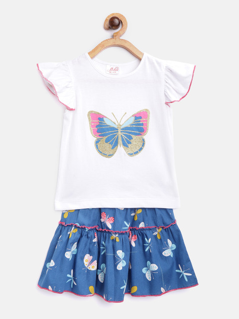 

pspeaches Girls White & Teal Blue Butterfly Print T-shirt with Skirt